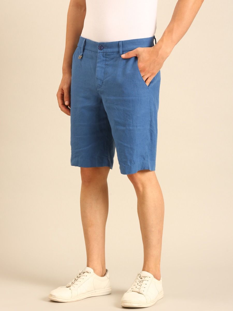 Linen Club Men's Linen Blue Solid Contemporary Fit Casual Shorts Linen Club Men's Linen Blue Solid Contemporary Fit Casual Shorts