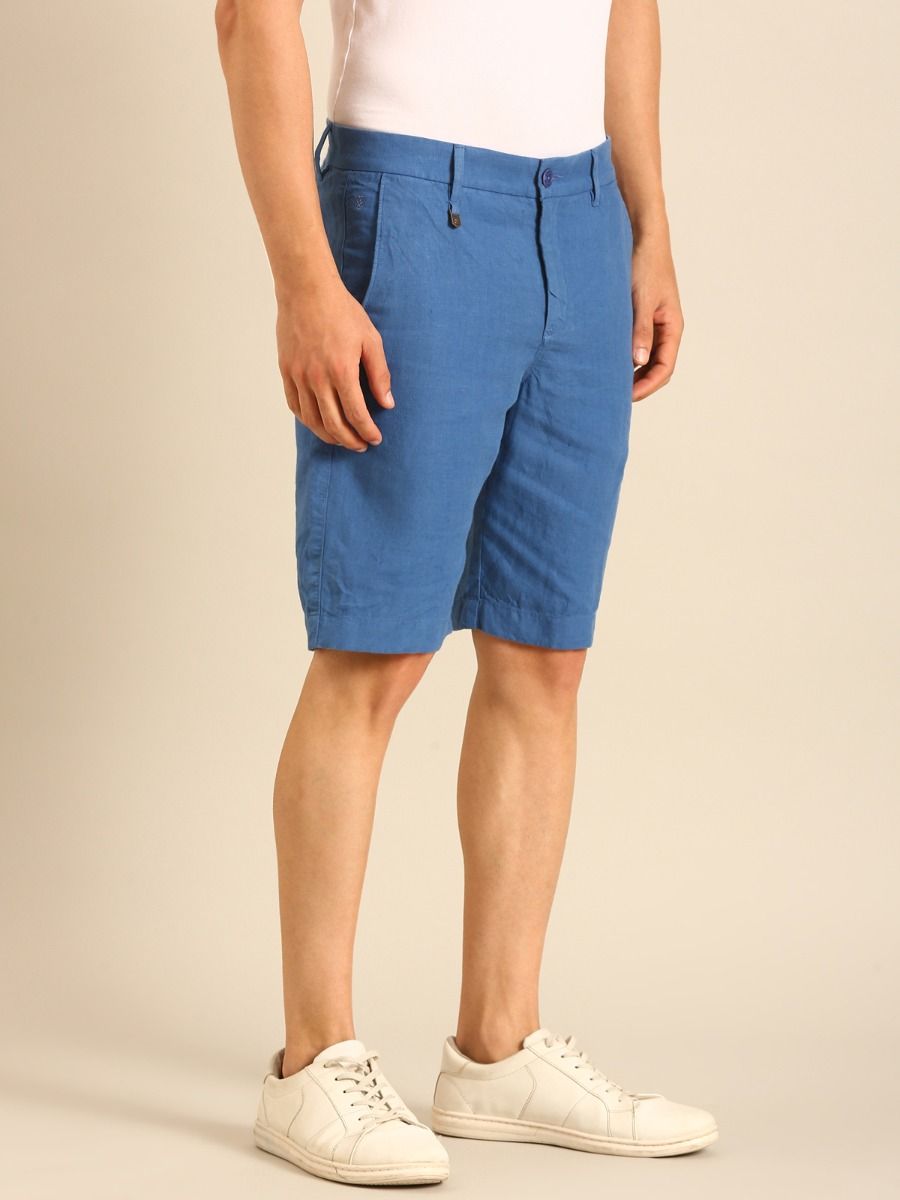 Linen Club Men's Linen Blue Solid Contemporary Fit Casual Shorts Linen Club Men's Linen Blue Solid Contemporary Fit Casual Shorts