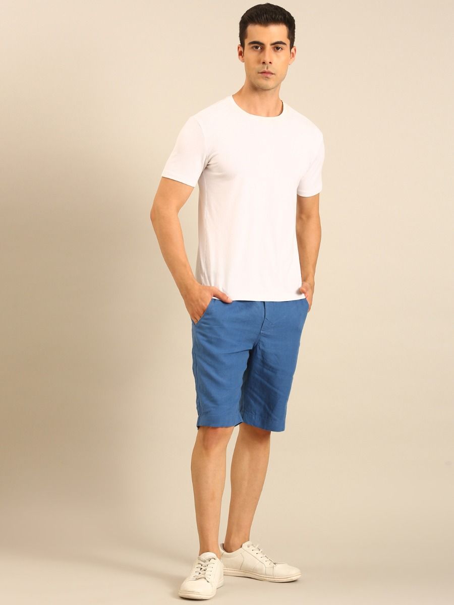Linen Club Men's Linen Blue Solid Contemporary Fit Casual Shorts Linen Club Men's Linen Blue Solid Contemporary Fit Casual Shorts