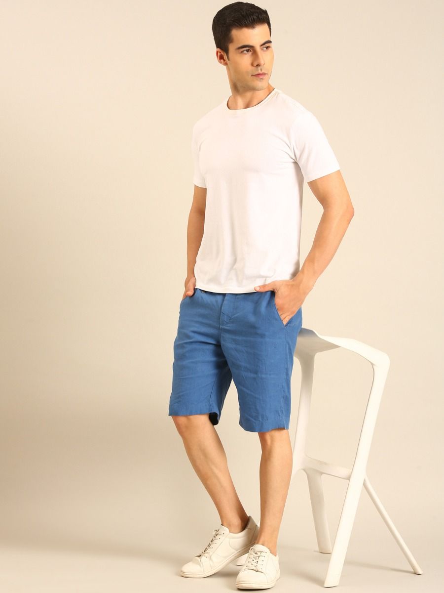 Linen Club Men's Linen Blue Solid Contemporary Fit Casual Shorts Linen Club Men's Linen Blue Solid Contemporary Fit Casual Shorts