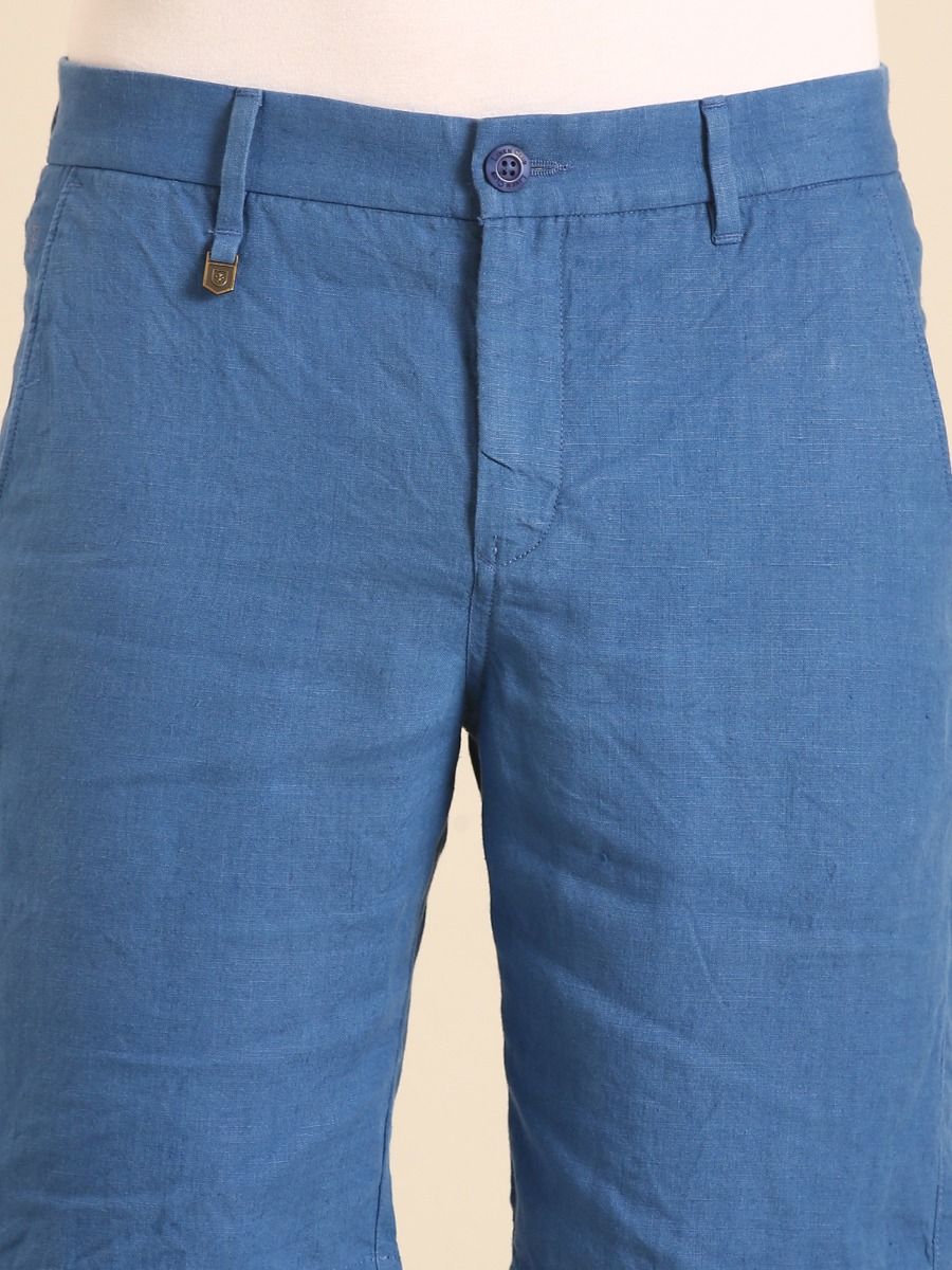 Linen Club Men's Linen Blue Solid Contemporary Fit Casual Shorts Linen Club Men's Linen Blue Solid Contemporary Fit Casual Shorts