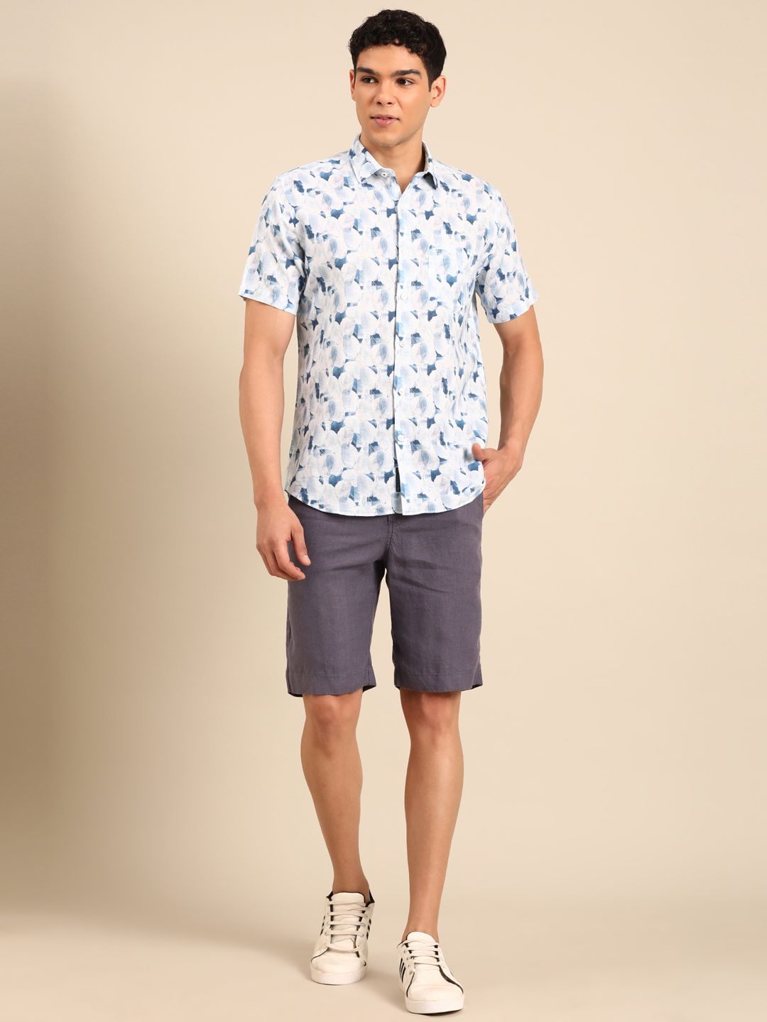 Linen Club Men's Pure Linen Grey Solid Contemporary Fit Casual Shorts