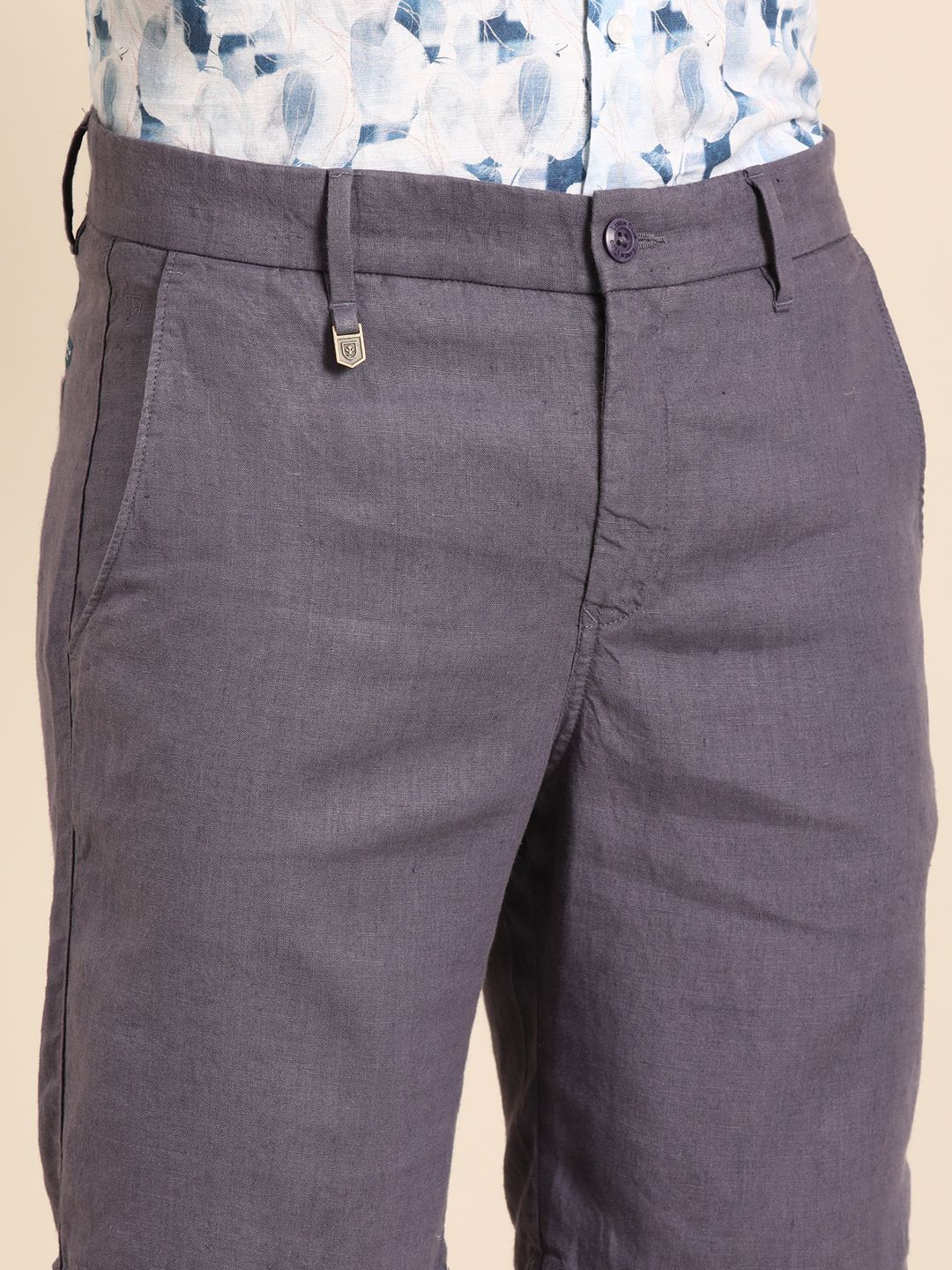 Linen Club Men's Pure Linen Grey Solid Contemporary Fit Casual Shorts