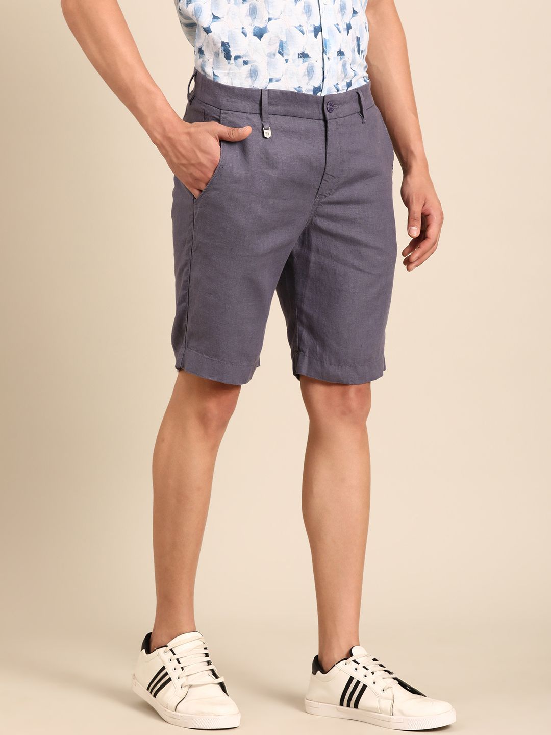 Linen Club Men's Pure Linen Grey Solid Contemporary Fit Casual Shorts