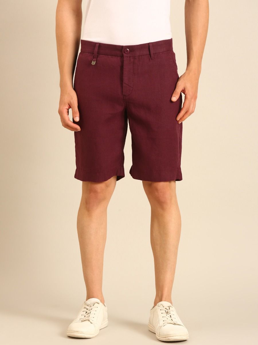 Linen Club Men's Linen Maroon Solid Contemporary Fit Casual Shorts Linen Club Men's Linen Maroon Solid Contemporary Fit Casual Shorts