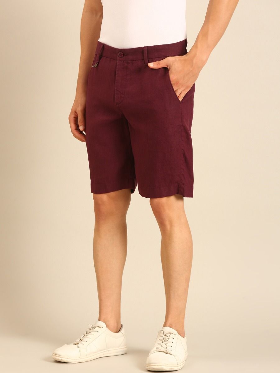 Linen Club Men's Linen Maroon Solid Contemporary Fit Casual Shorts Linen Club Men's Linen Maroon Solid Contemporary Fit Casual Shorts