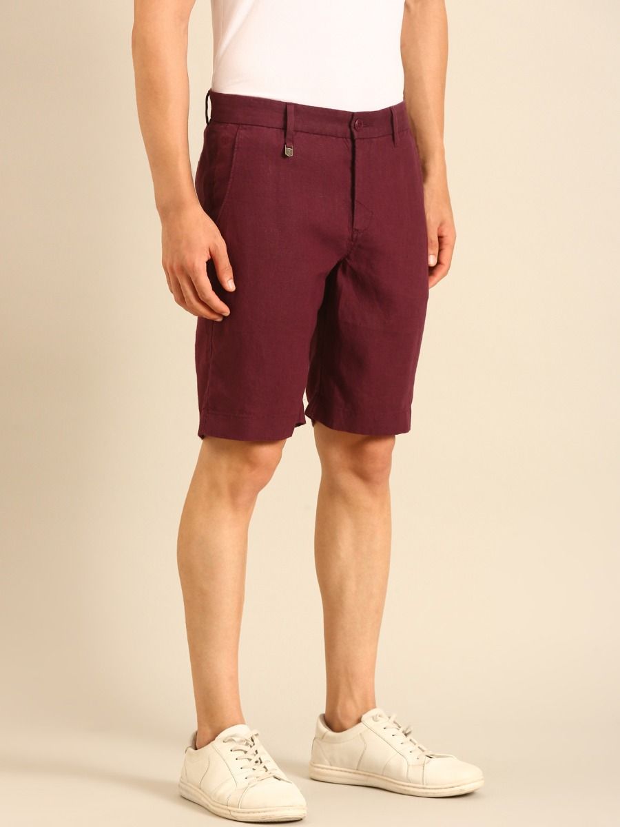 Linen Club Men's Linen Maroon Solid Contemporary Fit Casual Shorts Linen Club Men's Linen Maroon Solid Contemporary Fit Casual Shorts