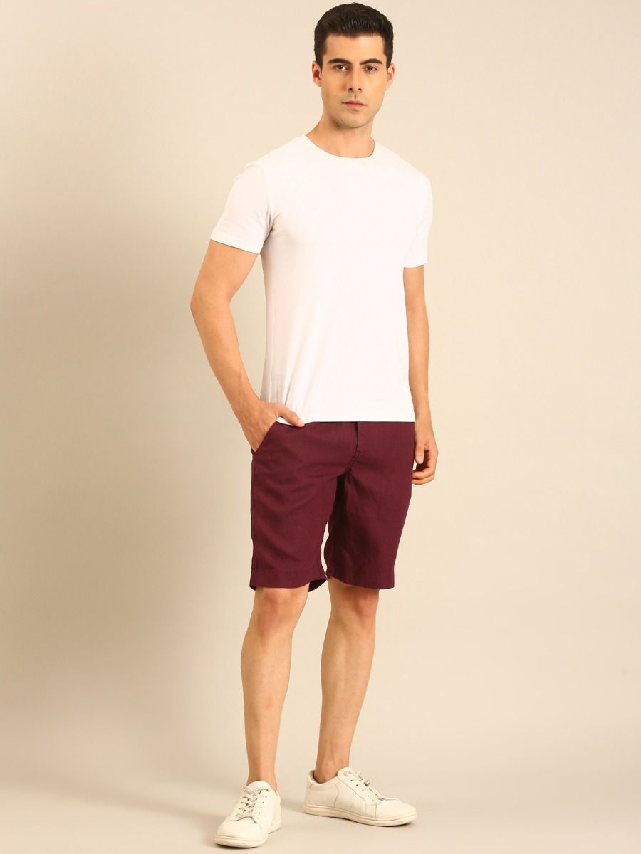 Linen Club Men's Linen Maroon Solid Contemporary Fit Casual Shorts Linen Club Men's Linen Maroon Solid Contemporary Fit Casual Shorts