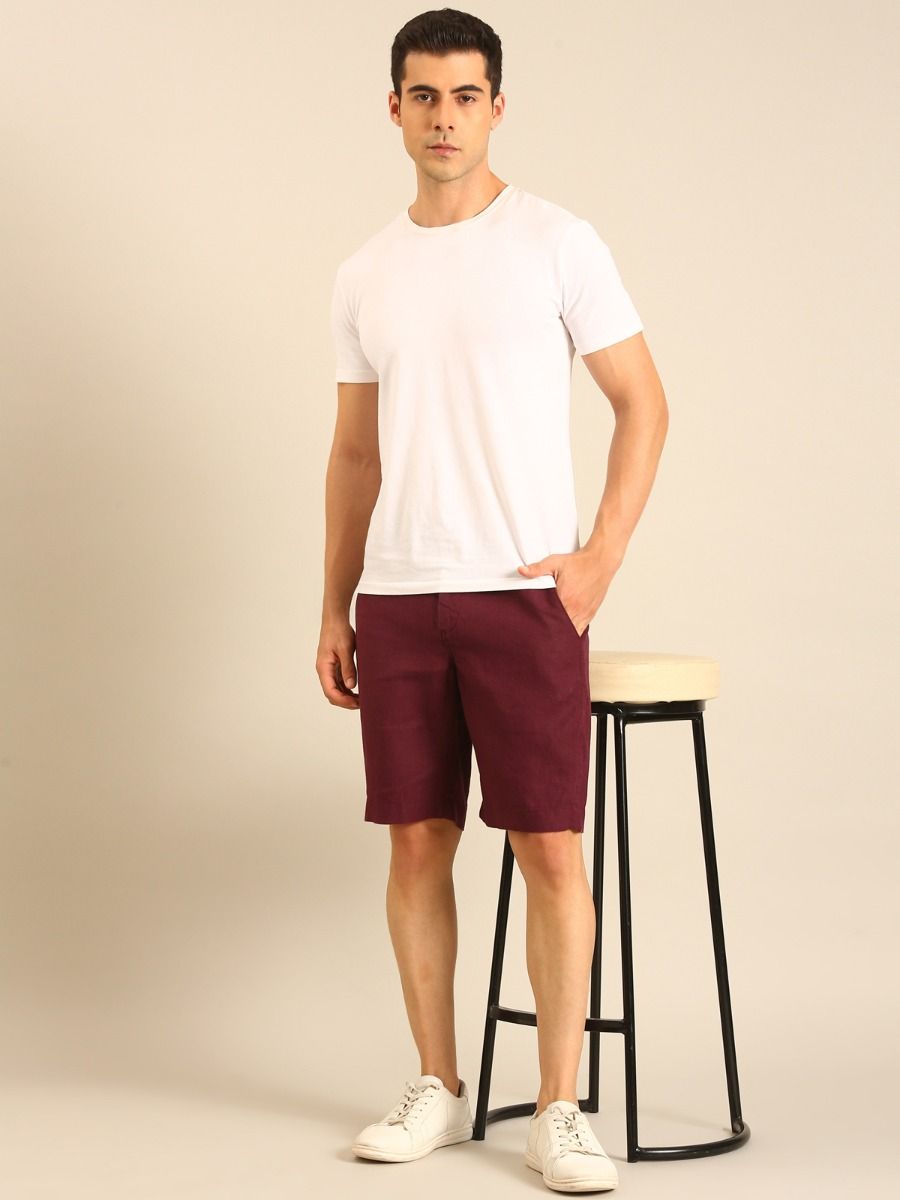 Linen Club Men's Linen Maroon Solid Contemporary Fit Casual Shorts Linen Club Men's Linen Maroon Solid Contemporary Fit Casual Shorts