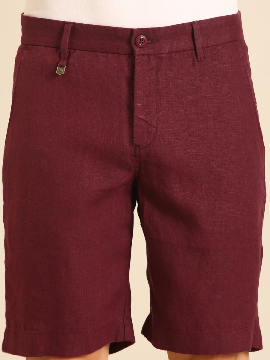 Linen Club Men's Linen Maroon Solid Contemporary Fit Casual Shorts Linen Club Men's Linen Maroon Solid Contemporary Fit Casual Shorts