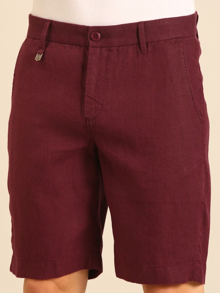 Linen Club Men's Linen Maroon Solid Contemporary Fit Casual Shorts Linen Club Men's Linen Maroon Solid Contemporary Fit Casual Shorts