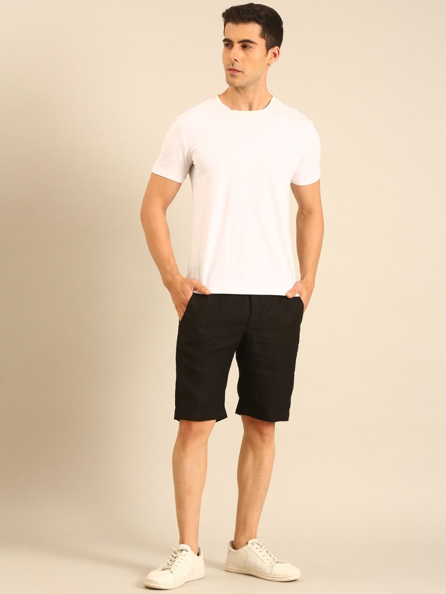 Linen Club Men's Linen Black Solid Contemporary Fit Casual Shorts Linen Club Men's Linen Black Solid Contemporary Fit Casual Shorts