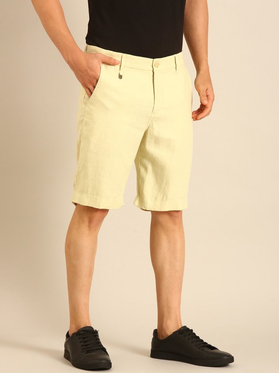 Linen Club Men's Linen Pale Yellow Solid Contemporary Fit Casual Shorts Linen Club Men's Linen Pale Yellow Solid Contemporary Fit Casual Shorts