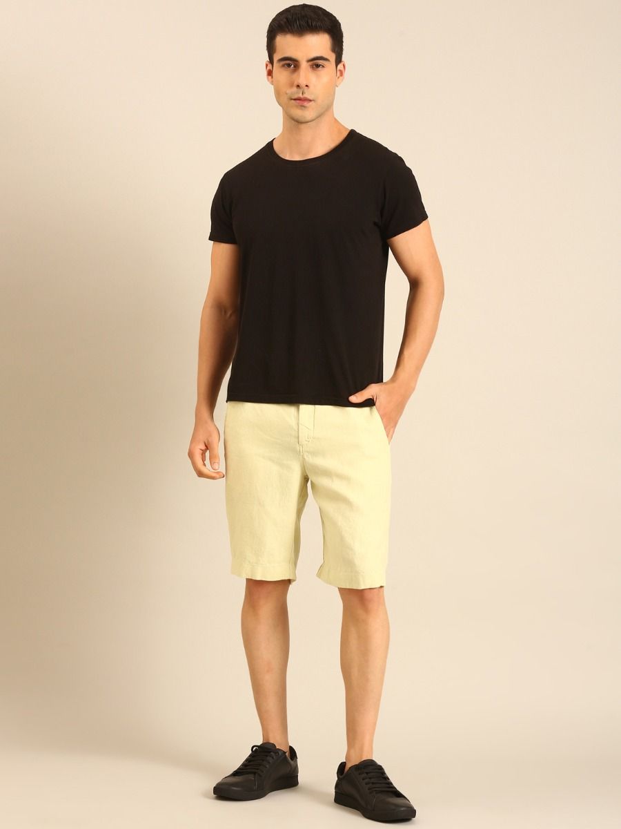 Linen Club Men's Linen Pale Yellow Solid Contemporary Fit Casual Shorts Linen Club Men's Linen Pale Yellow Solid Contemporary Fit Casual Shorts