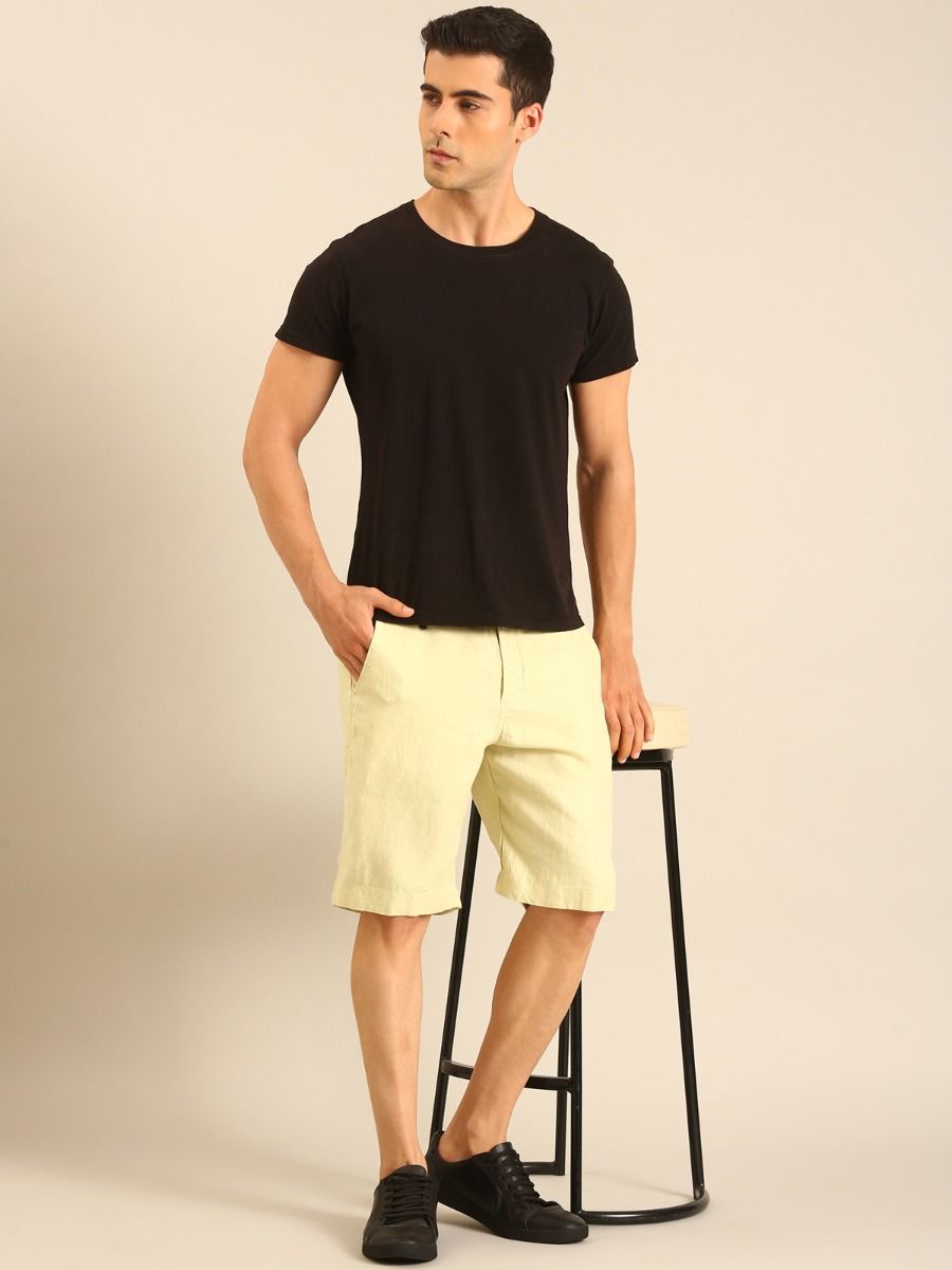 Linen Club Men's Linen Pale Yellow Solid Contemporary Fit Casual Shorts Linen Club Men's Linen Pale Yellow Solid Contemporary Fit Casual Shorts