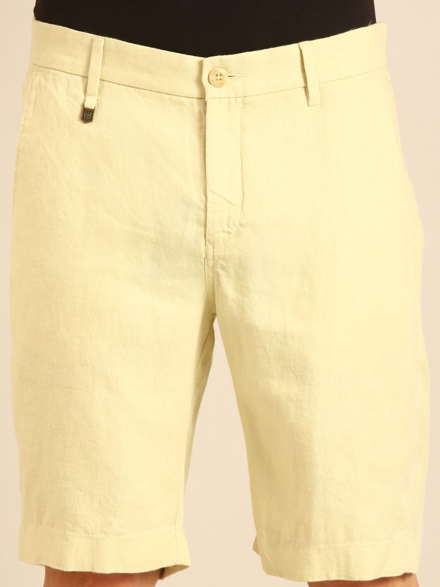 Linen Club Men's Linen Pale Yellow Solid Contemporary Fit Casual Shorts Linen Club Men's Linen Pale Yellow Solid Contemporary Fit Casual Shorts