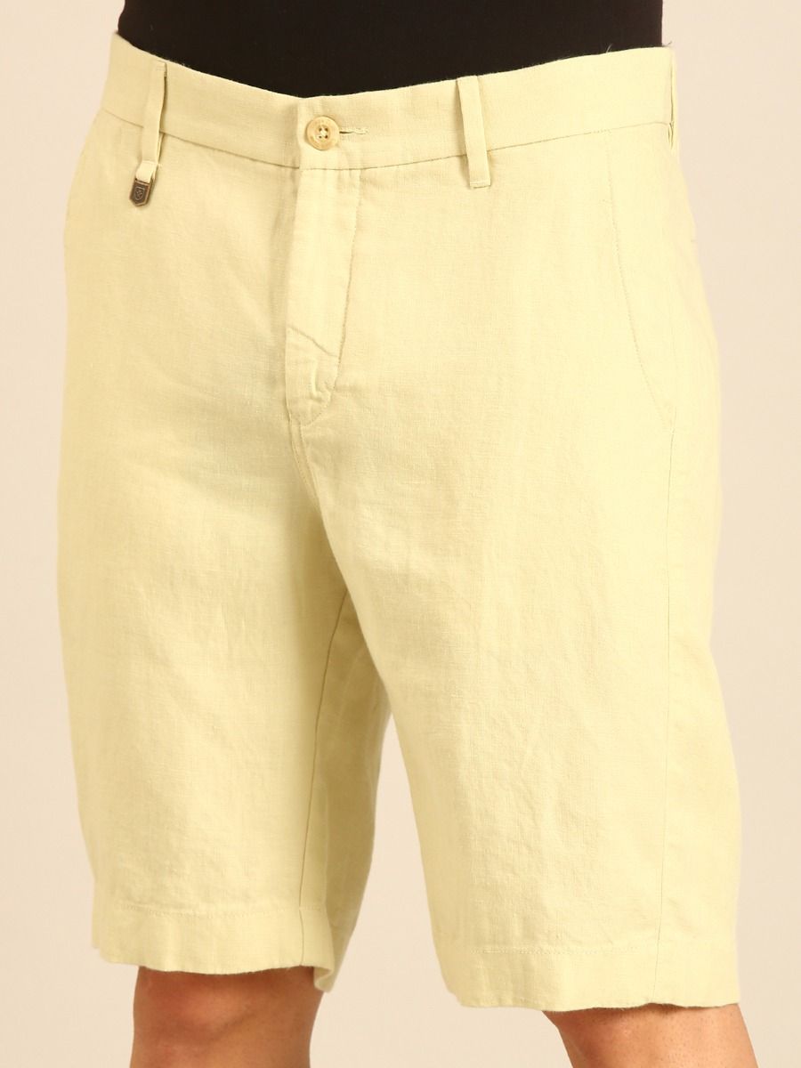 Linen Club Men's Linen Pale Yellow Solid Contemporary Fit Casual Shorts Linen Club Men's Linen Pale Yellow Solid Contemporary Fit Casual Shorts