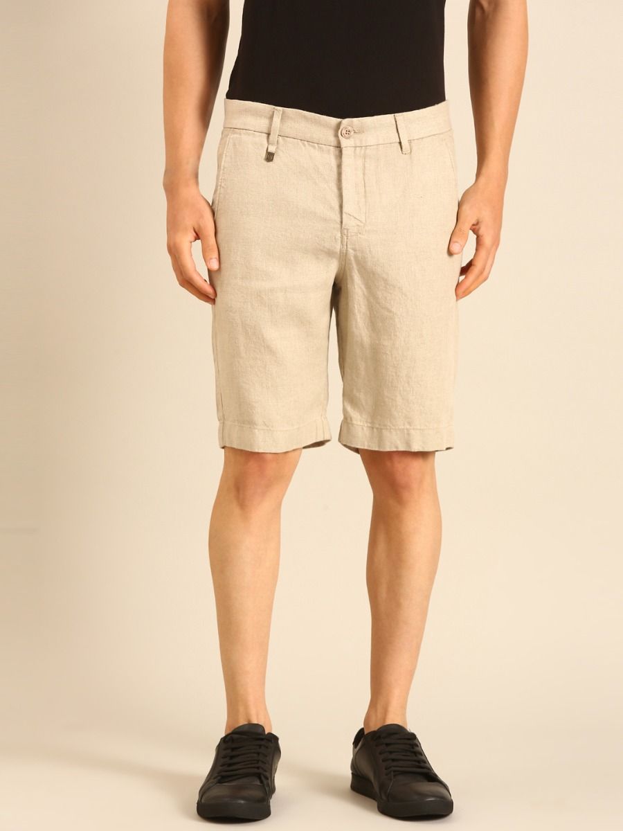 Linen Club Men's Linen Beige Solid Contemporary Fit Casual Shorts Linen Club Men's Linen Beige Solid Contemporary Fit Casual Shorts