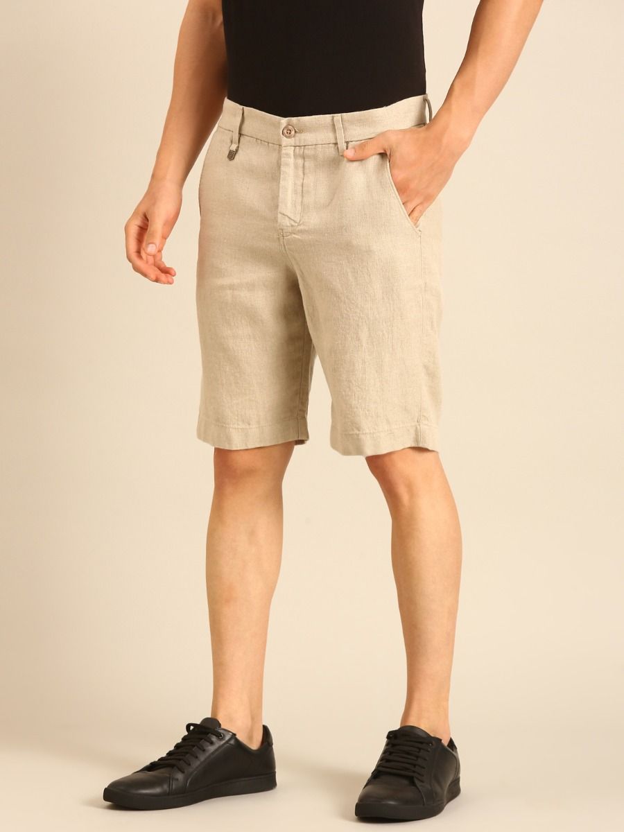 Linen Club Men's Linen Beige Solid Contemporary Fit Casual Shorts Linen Club Men's Linen Beige Solid Contemporary Fit Casual Shorts