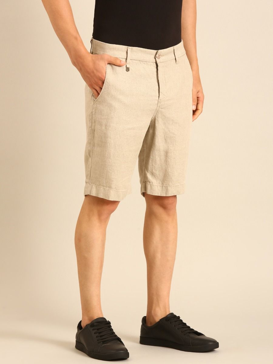 Linen Club Men's Linen Beige Solid Contemporary Fit Casual Shorts Linen Club Men's Linen Beige Solid Contemporary Fit Casual Shorts