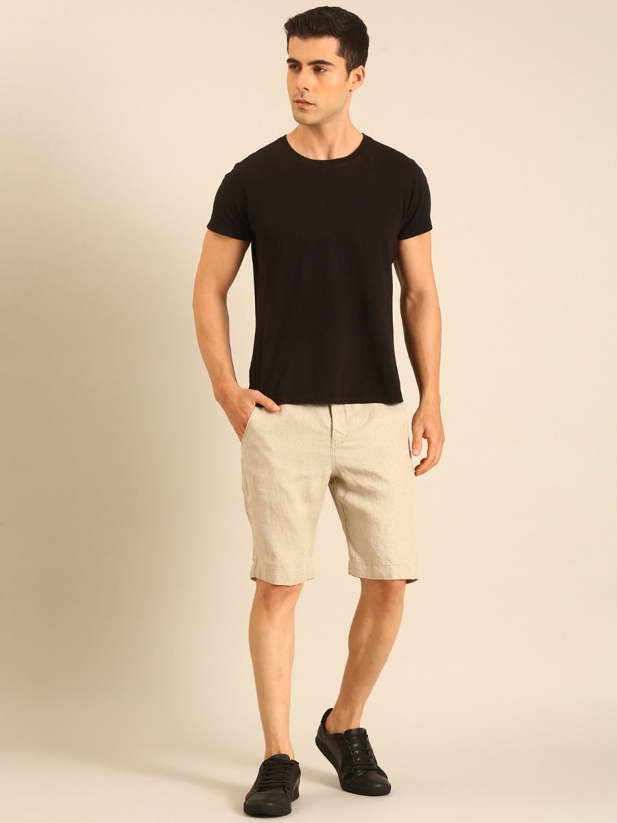 Linen Club Men's Linen Beige Solid Contemporary Fit Casual Shorts Linen Club Men's Linen Beige Solid Contemporary Fit Casual Shorts