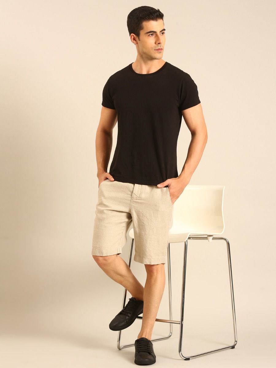 Linen Club Men's Linen Beige Solid Contemporary Fit Casual Shorts Linen Club Men's Linen Beige Solid Contemporary Fit Casual Shorts