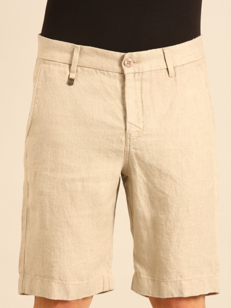Linen Club Men's Linen Beige Solid Contemporary Fit Casual Shorts Linen Club Men's Linen Beige Solid Contemporary Fit Casual Shorts