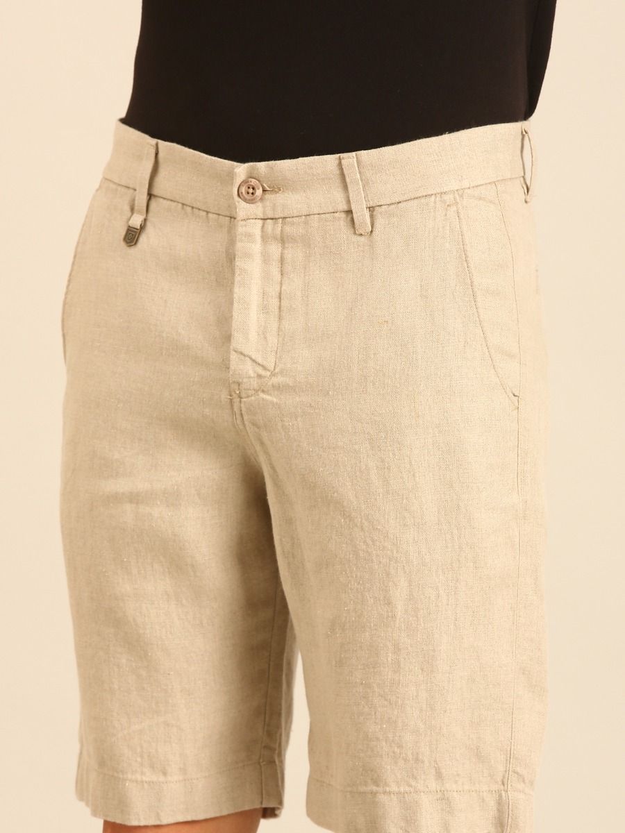 Linen Club Men's Linen Beige Solid Contemporary Fit Casual Shorts Linen Club Men's Linen Beige Solid Contemporary Fit Casual Shorts