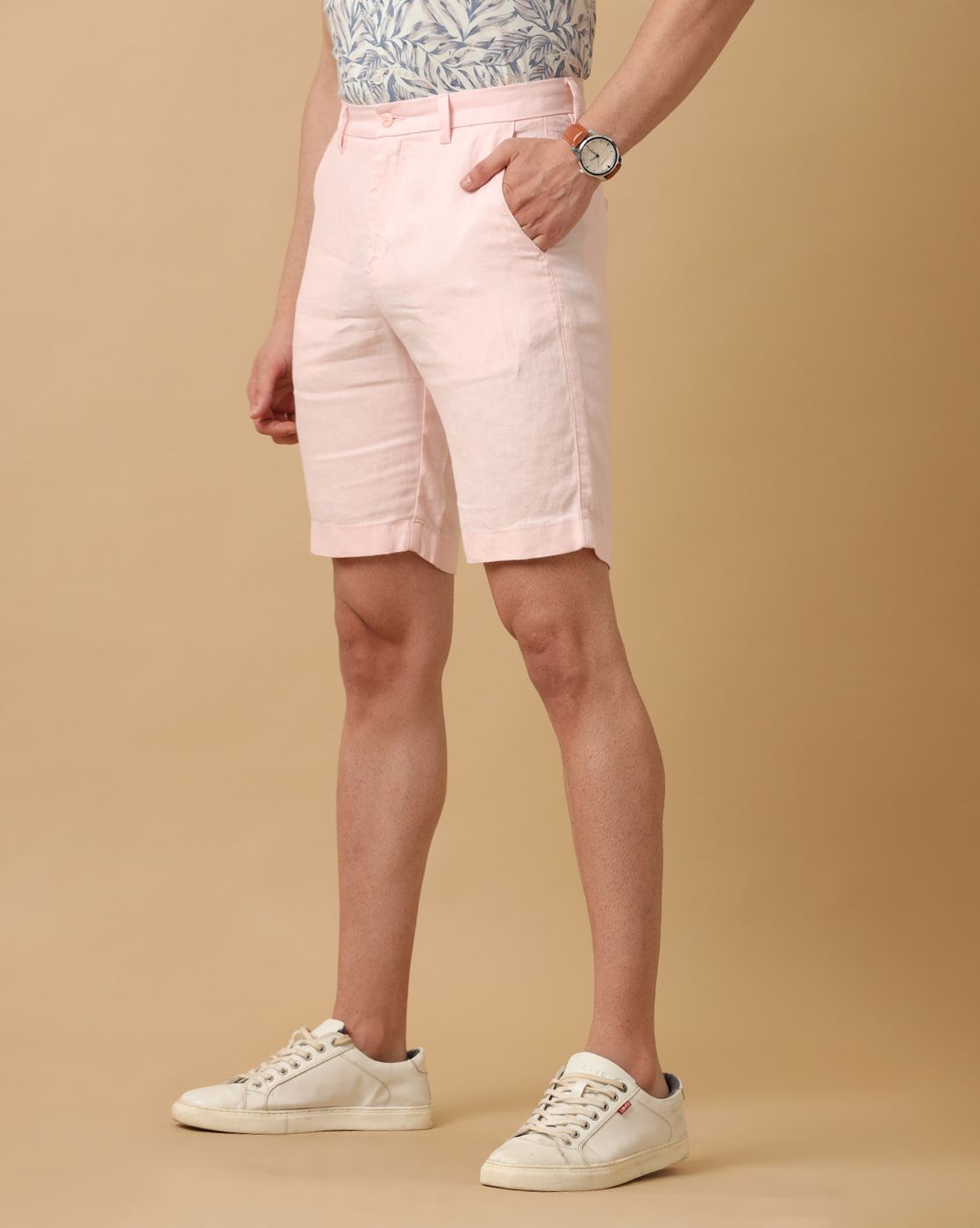 Mens Linen Pink Solid Contemporary Fit Casual Shorts