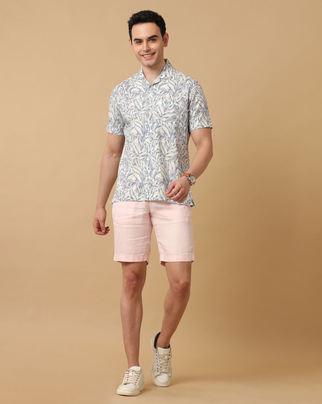 Mens Linen Pink Solid Contemporary Fit Casual Shorts