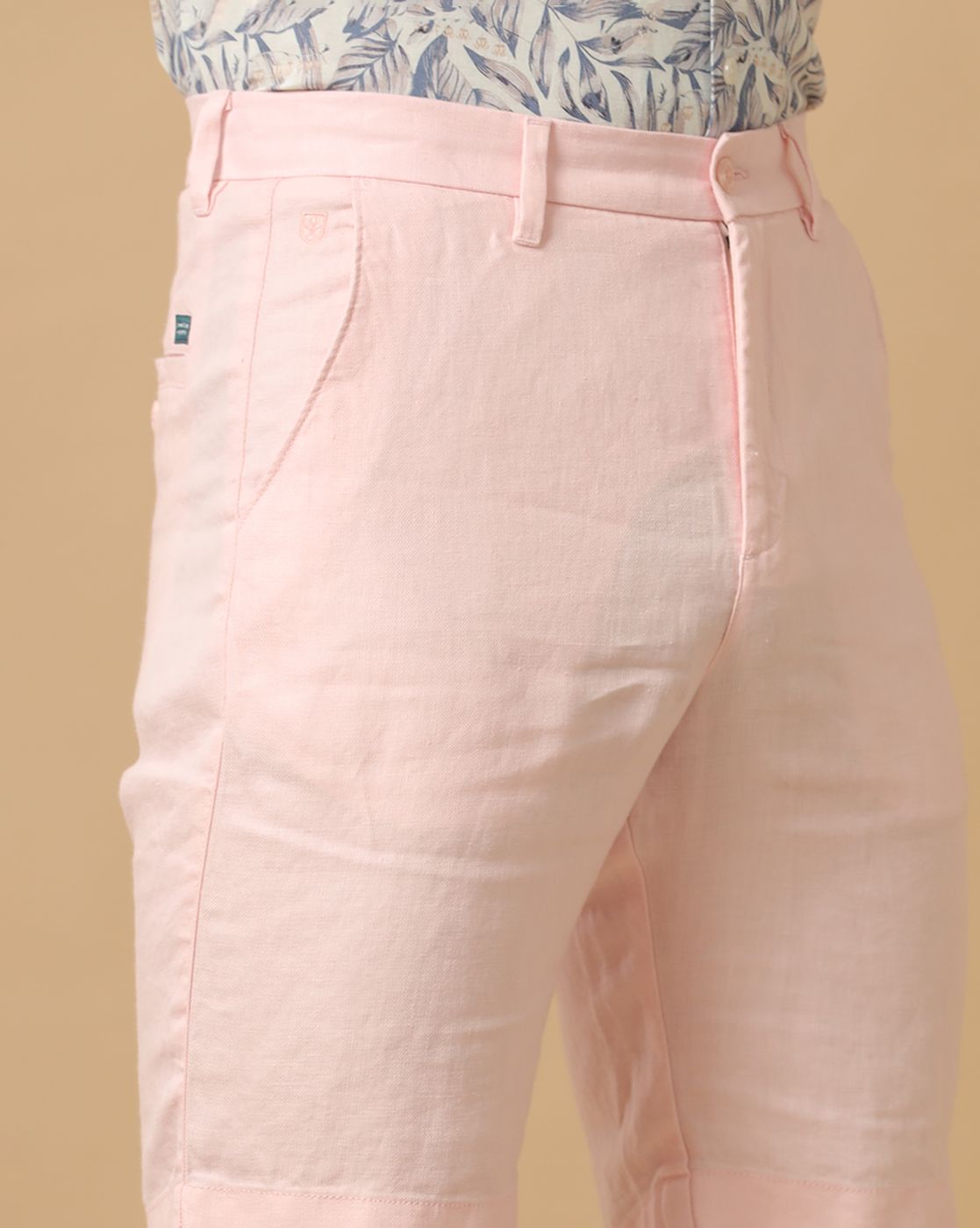 Mens Linen Pink Solid Contemporary Fit Casual Shorts