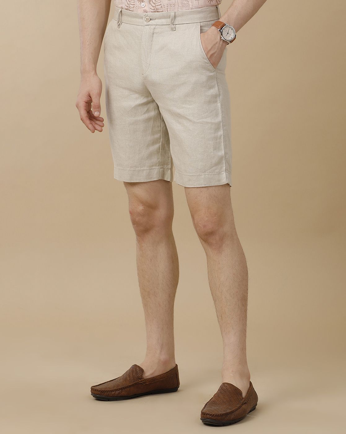 Mens Linen Beige Solid Contemporary Fit Casual Shorts