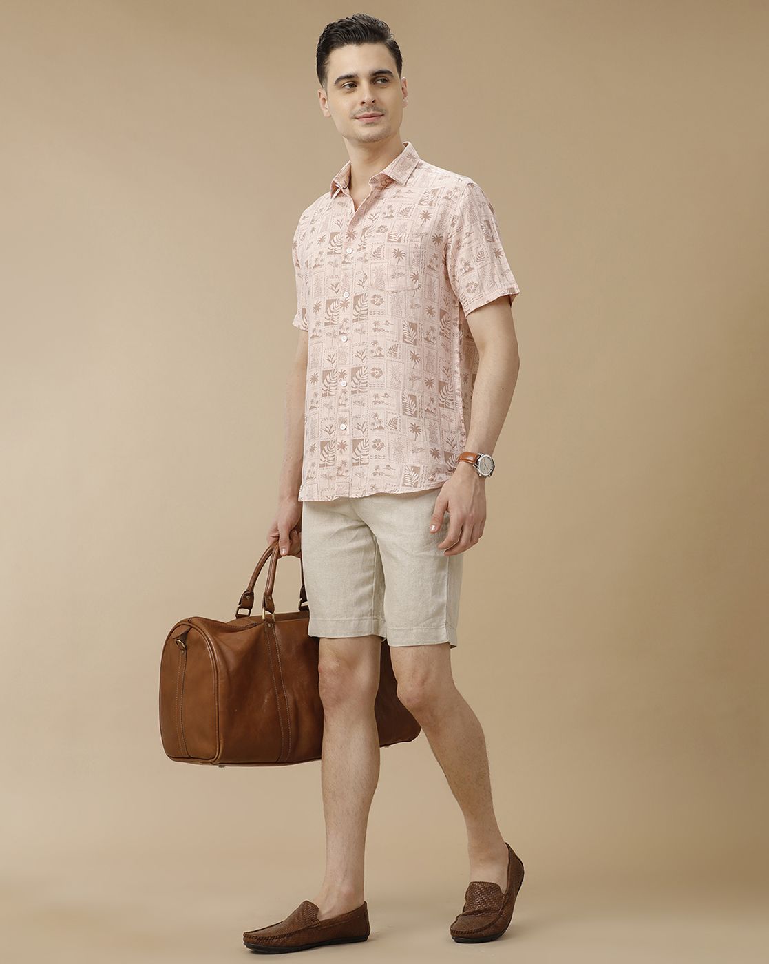 Mens Linen Beige Solid Contemporary Fit Casual Shorts