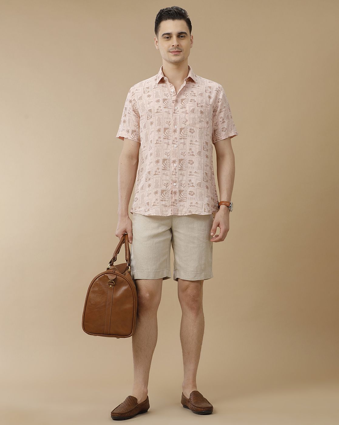 Mens Linen Beige Solid Contemporary Fit Casual Shorts