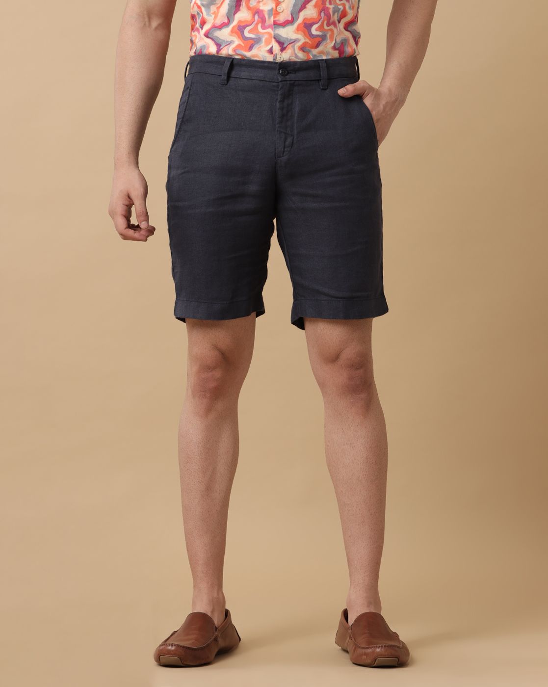 Mens Linen Navy Solid Contemporary Fit Casual Shorts