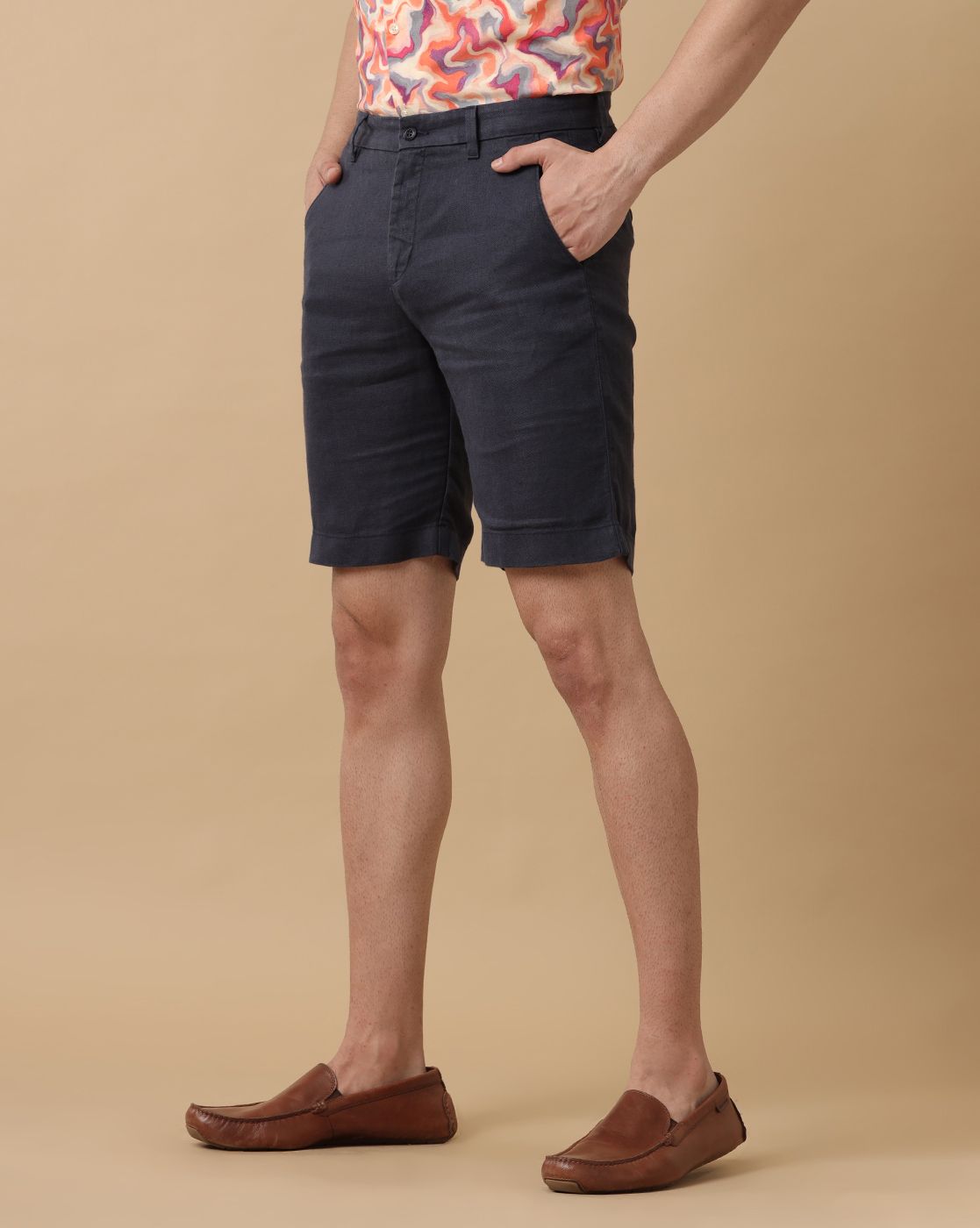 Mens Linen Navy Solid Contemporary Fit Casual Shorts