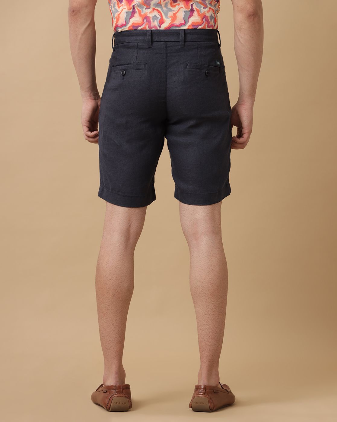 Mens Linen Navy Solid Contemporary Fit Casual Shorts