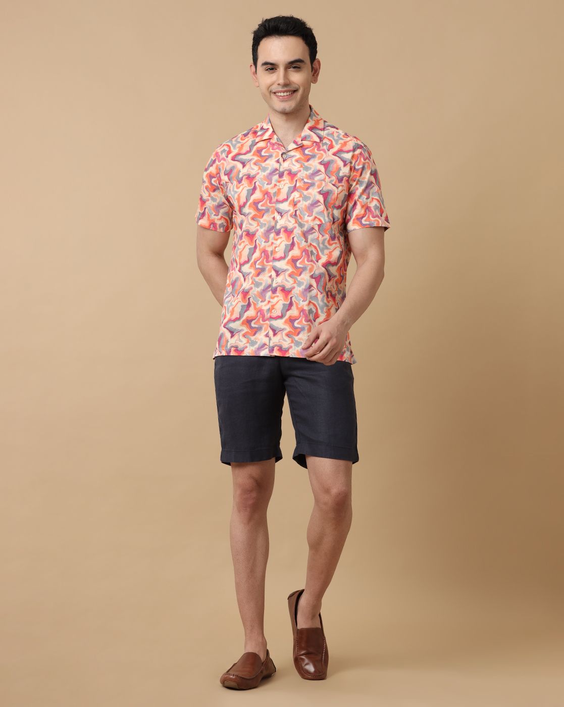 Mens Linen Navy Solid Contemporary Fit Casual Shorts