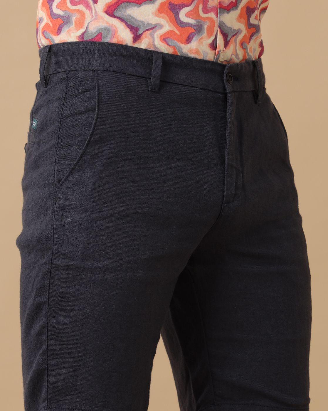 Mens Linen Navy Solid Contemporary Fit Casual Shorts