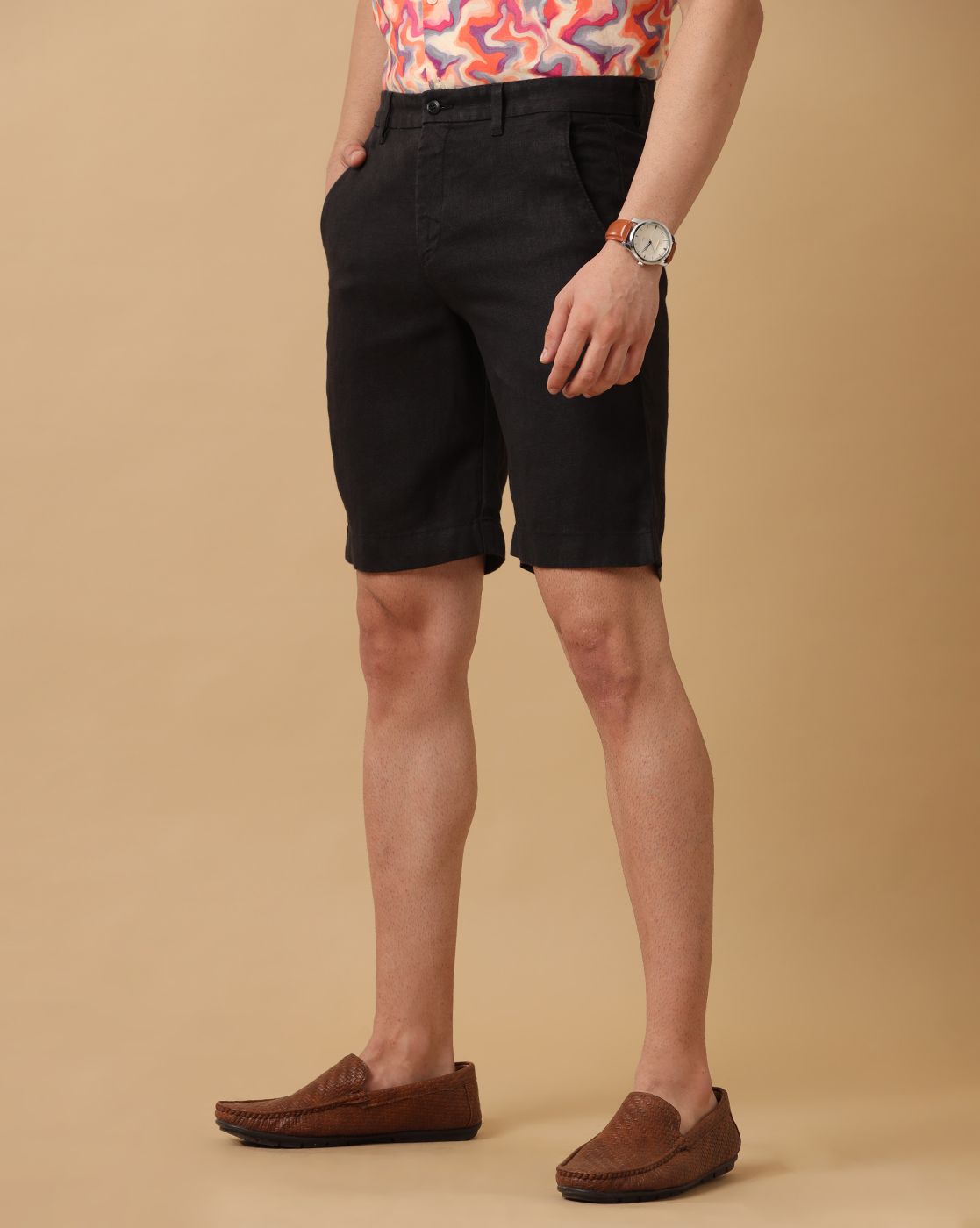 Mens Linen Black Solid Contemporary Fit Casual Shorts