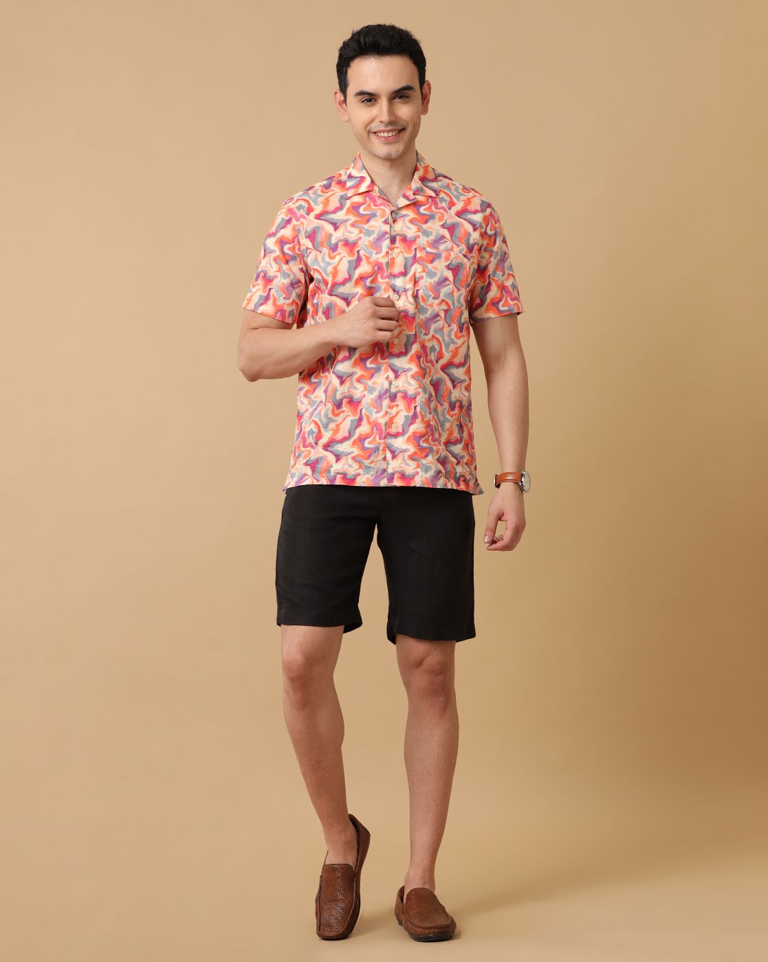 Mens Linen Black Solid Contemporary Fit Casual Shorts
