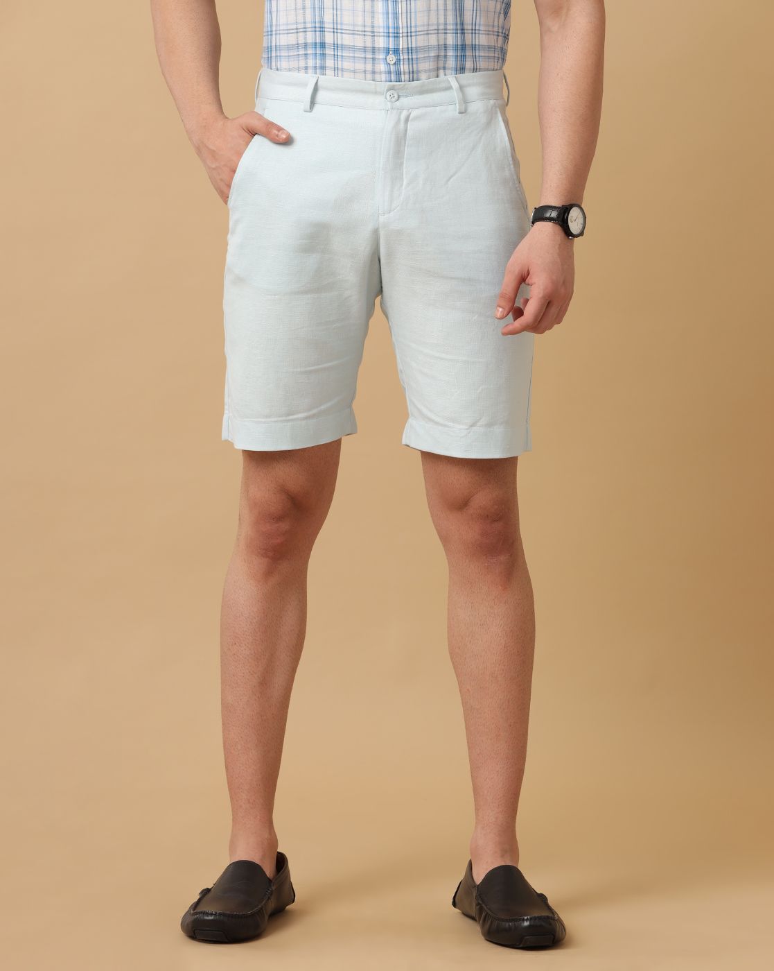 Mens Linen Blue Solid Contemporary Fit Casual Shorts