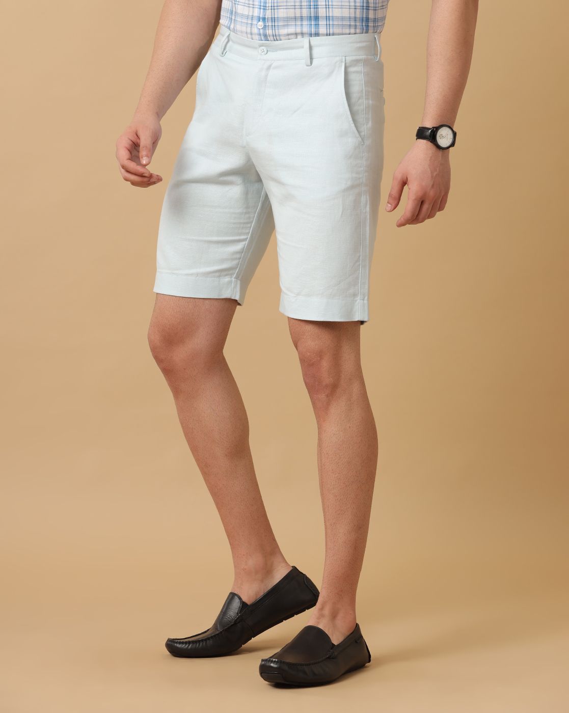 Mens Linen Blue Solid Contemporary Fit Casual Shorts