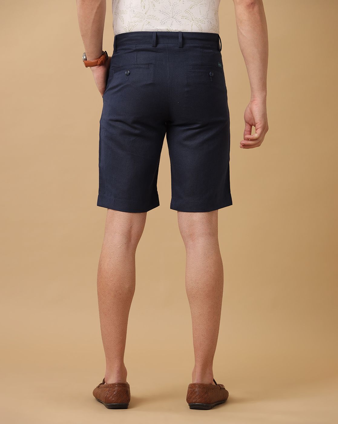 Mens Linen Blue Solid Contemporary Fit Casual Shorts