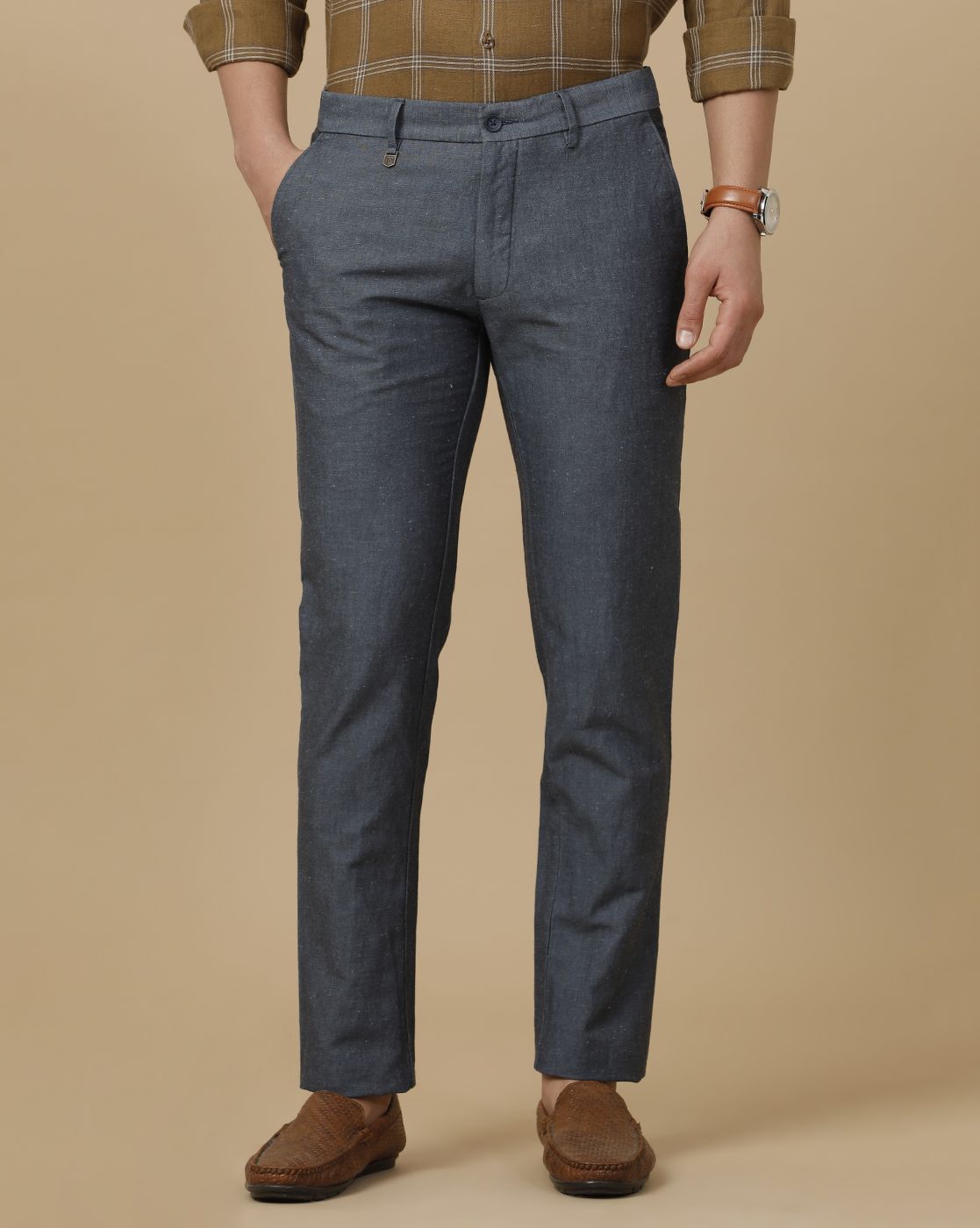 Linen Club Men's Linen Grey Chambray Contemporary Fit Casual Trouser