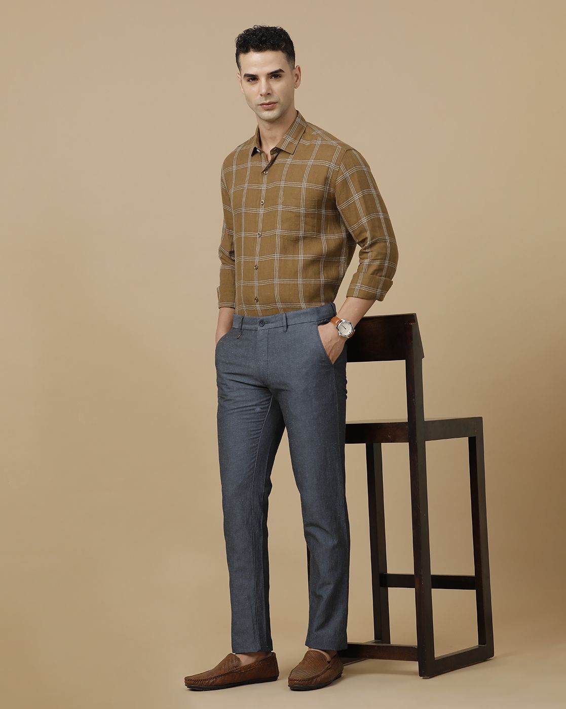 Linen Club Men's Linen Grey Chambray Contemporary Fit Casual Trouser