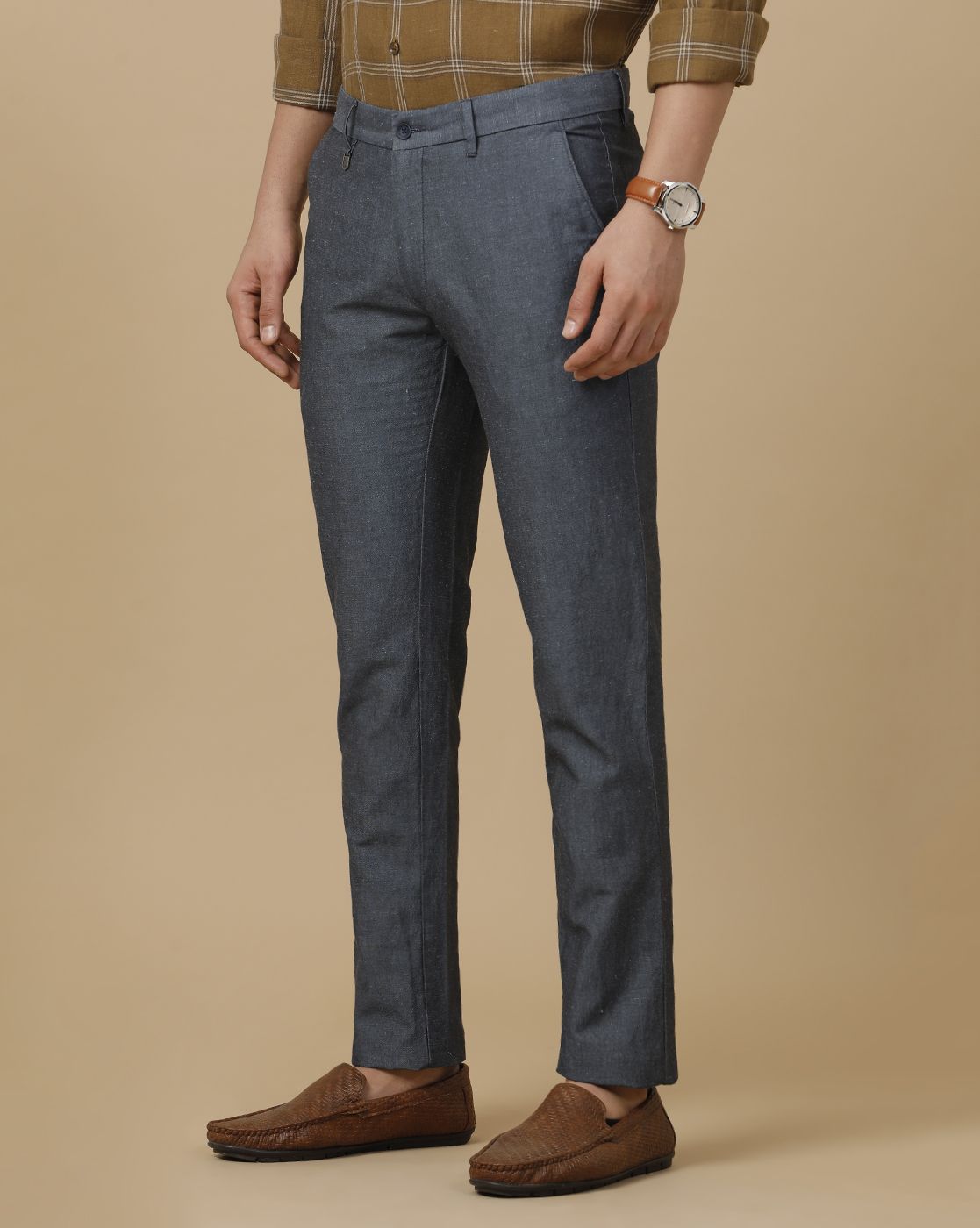 Linen Club Men's Linen Grey Chambray Contemporary Fit Casual Trouser