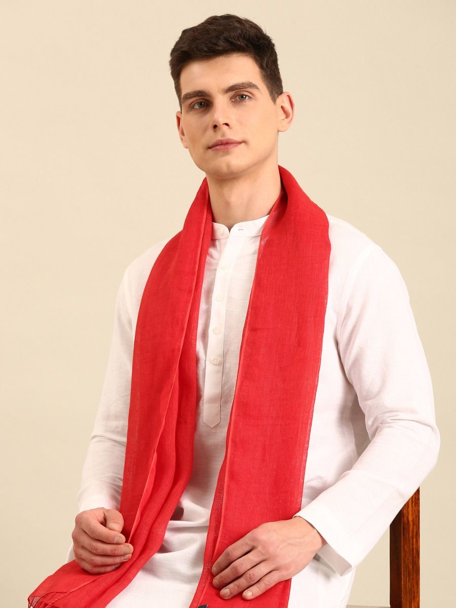 Linen Club Unisex Red Solid Linen Stole