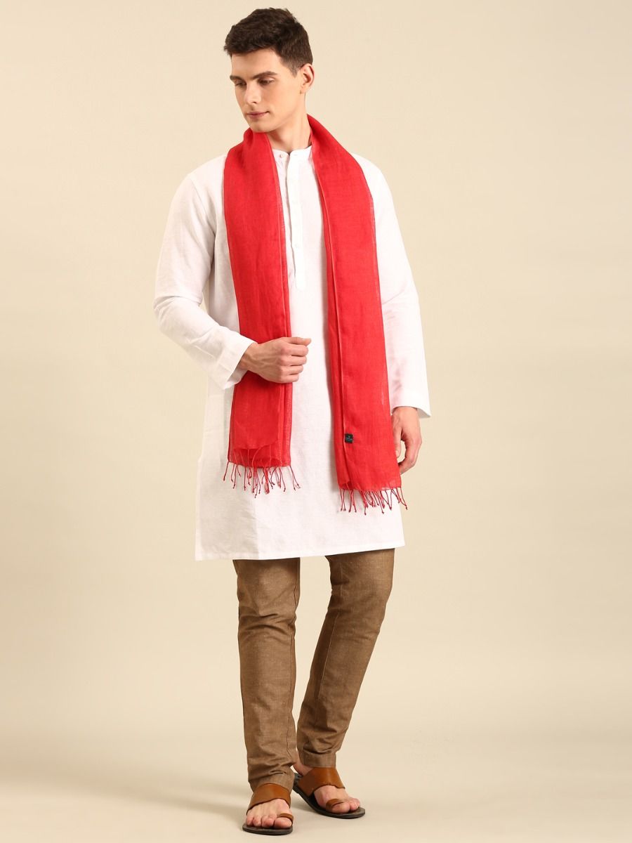 Linen Club Unisex Red Solid Linen Stole