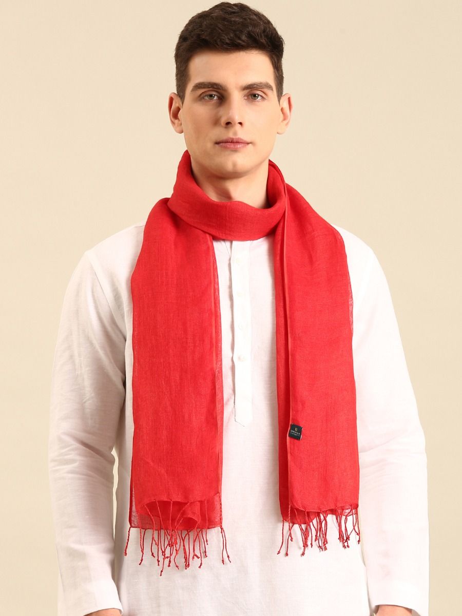 Linen Club Unisex Red Solid Linen Stole